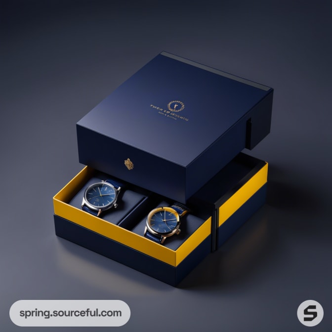Pair of watches in navy and yellow open box.