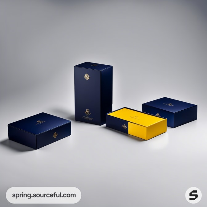 Four navy and yellow watch boxes on a white surface.