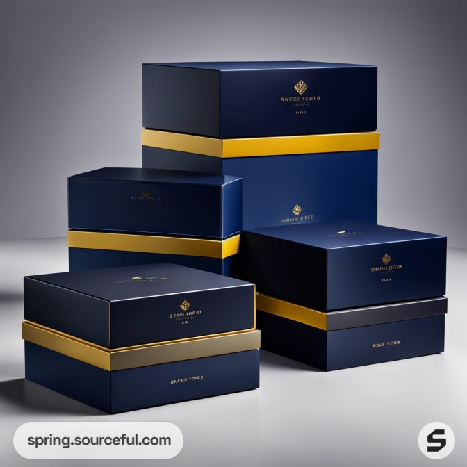 Stack of navy watch boxes with yellow accents.