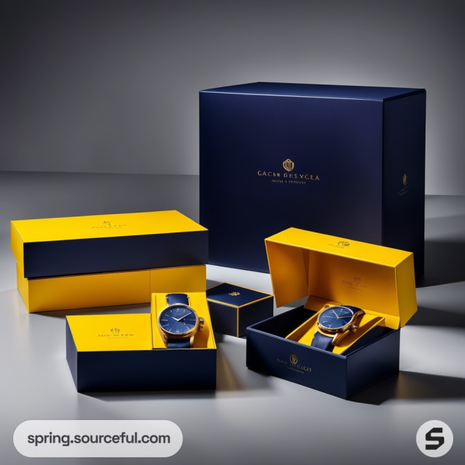 Navy and yellow watch packaging with watches displayed.