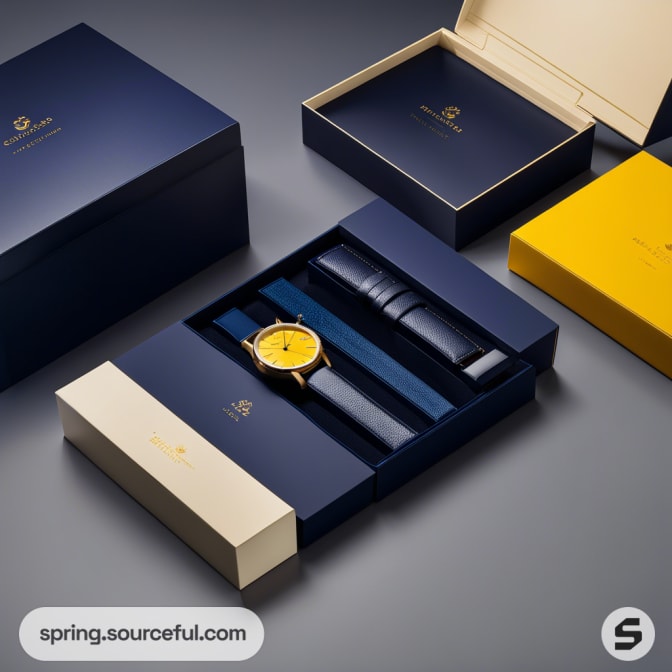 Open box with lined compartments displaying a yellow watch.