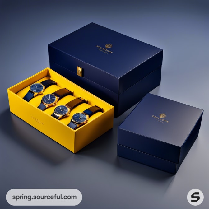 Set of watches in navy and yellow box with open lid.