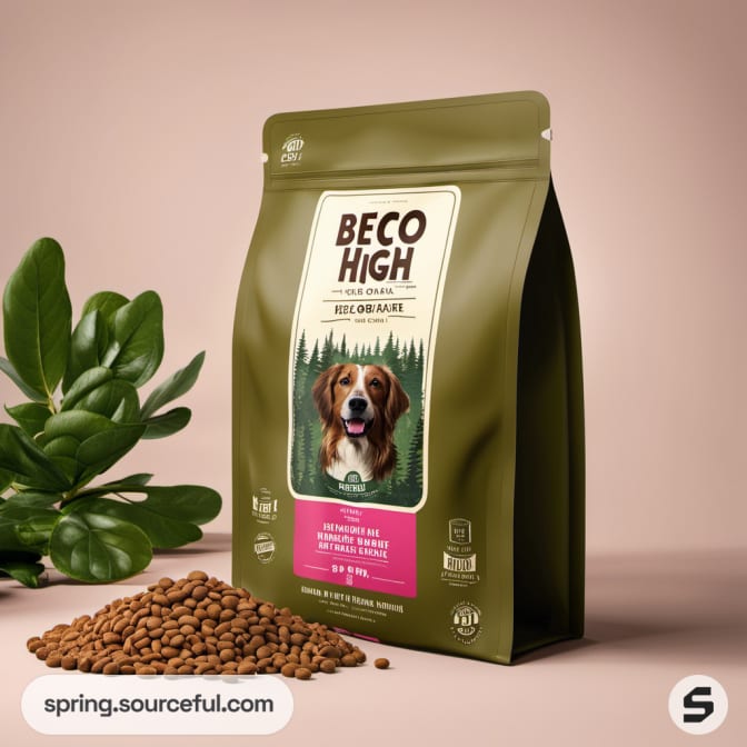Olive green pet food pouch with a dog illustration and kibble displayed.
