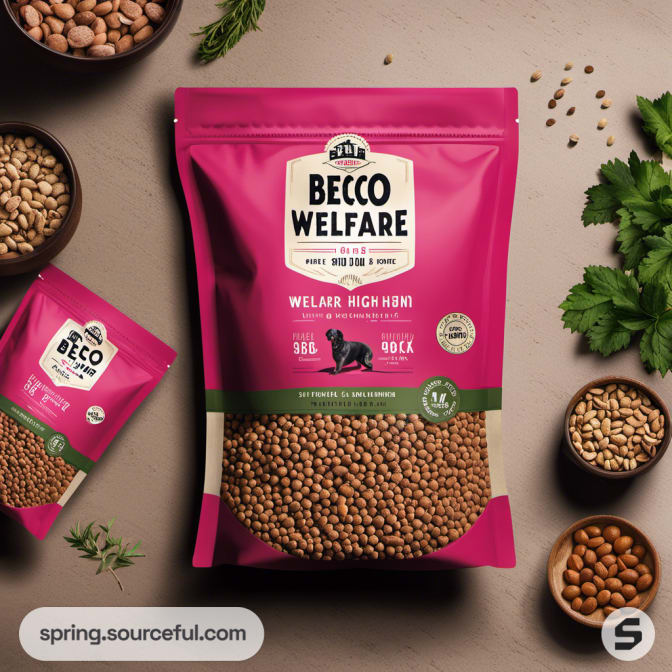 Pink pet food pouch with a dog silhouette and scattered kibble on a table.