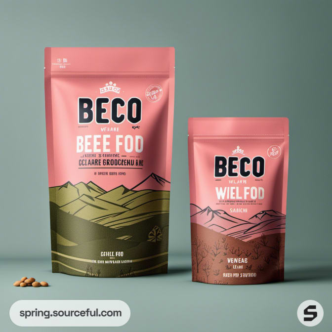 Two pet food pouches, one green with mountain design, one pink with abstract design.