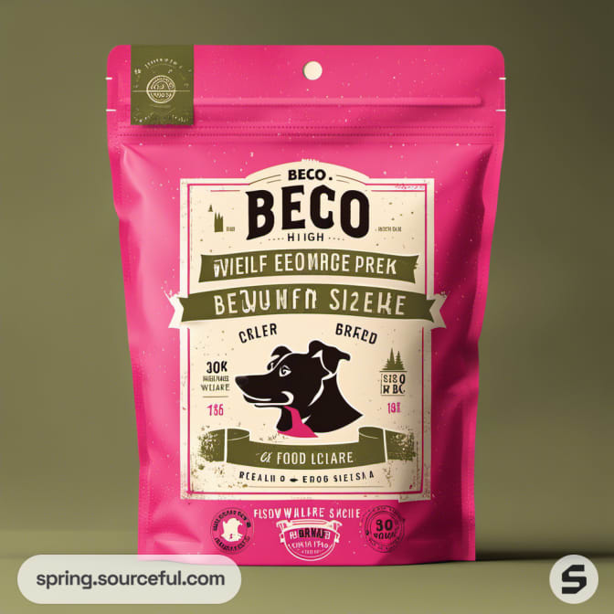 Pink pet food pouch with dog silhouette and retro label design.