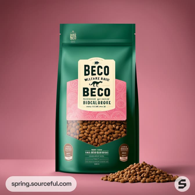 Green pet food bag with visible kibble and elegant label design.