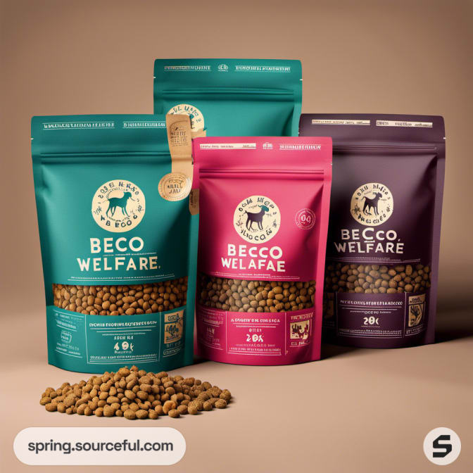 Assorted pet food pouches in teal, pink, and purple with visible kibble.