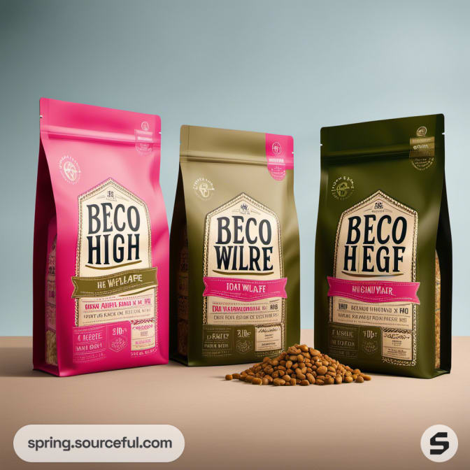 Three pet food pouches in pink, olive, and green with kibble at the base.