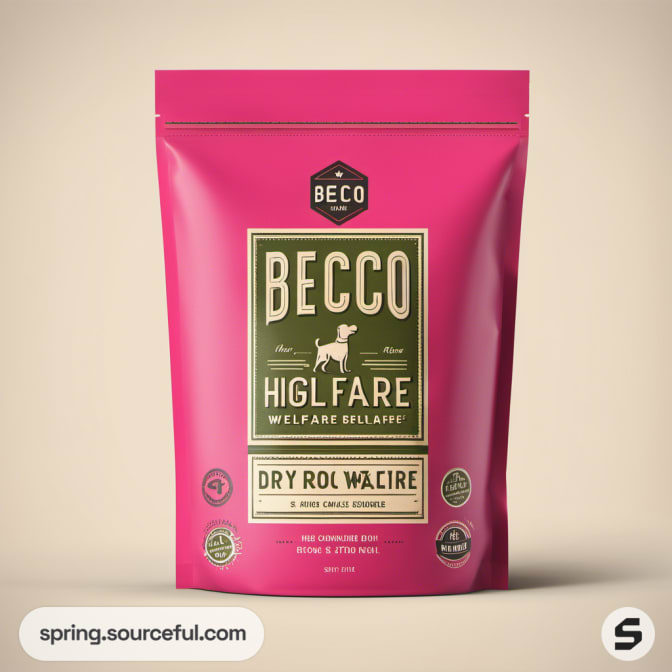 Bright pink pet food pouch with simple label design and flat matte finish.