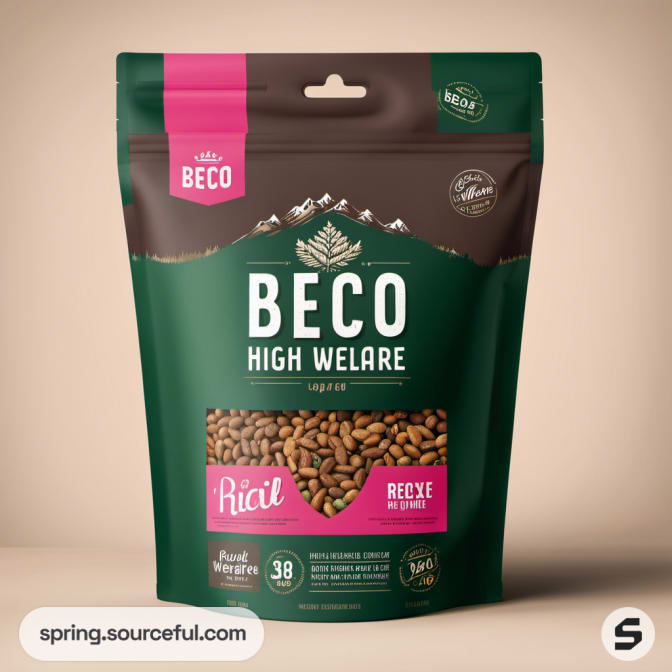 Dark green pet food bag with mountain imagery and pink accent label.