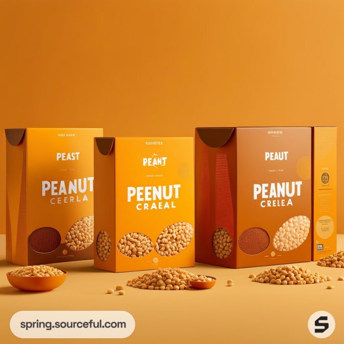 Three cereal boxes with peanuts on orange background.