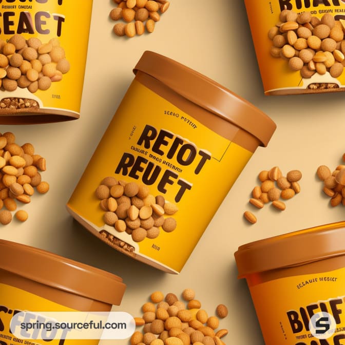 Multiple jars with peanuts on a beige surface.