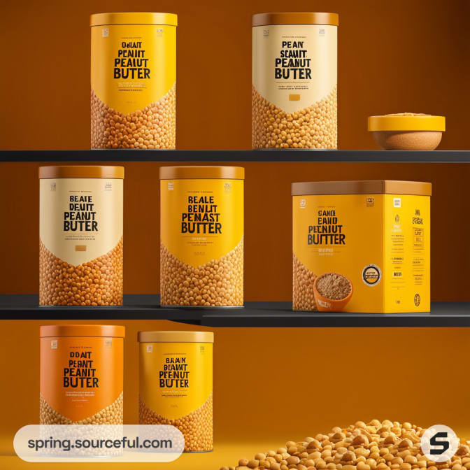 Assorted peanut butter tubs on black shelves.