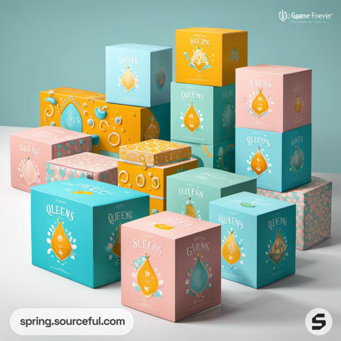 Colorful cube boxes with whimsical designs in teal, orange, and pink on a pastel background.