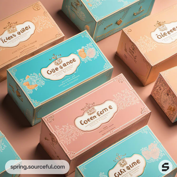 Rectangular boxes with ornate designs in teal, peach, and pink on a textured surface.