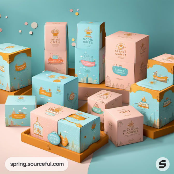 Variety of tall and short boxes in teal, peach, and orange with whimsical illustrations.