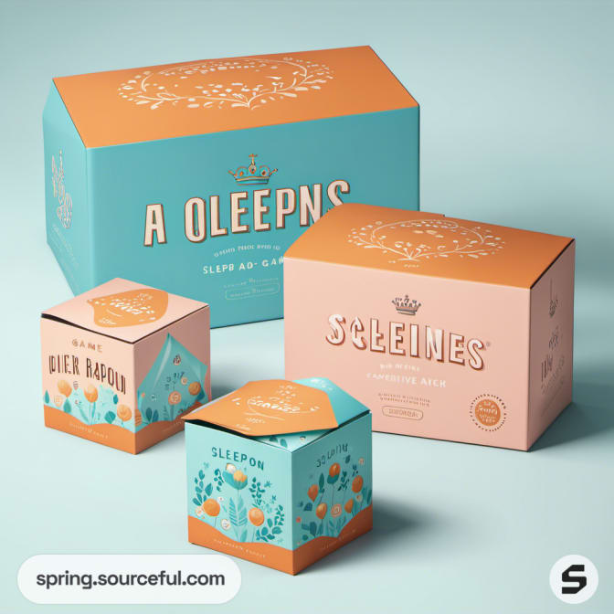 Teal and peach boxes with floral designs and elegant typography on a light background.