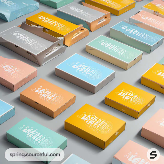 Assorted pastel-colored rectangular boxes with minimalist designs on a flat surface.