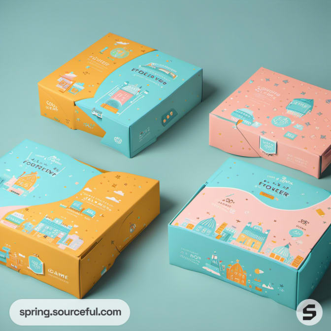 Square boxes in teal and orange with light-hearted illustrations on a teal background.