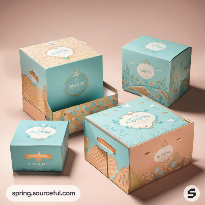 Square boxes with playful pastel designs and patterns on a neutral background.