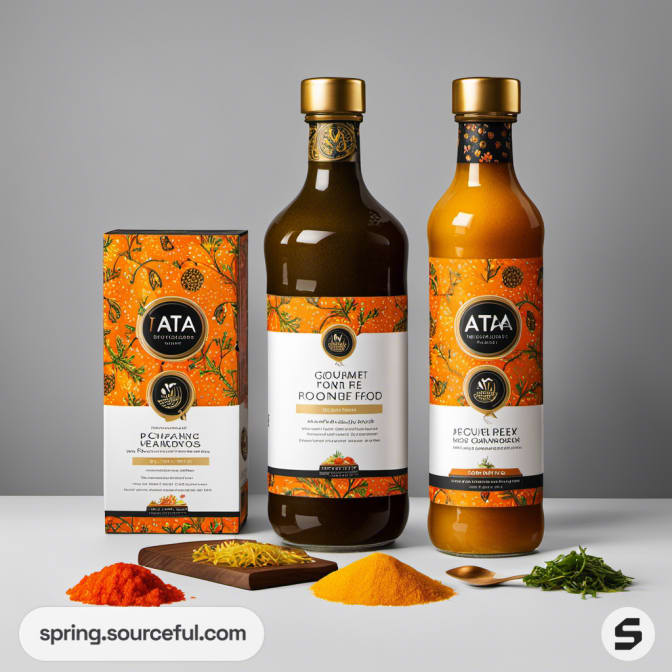 Colorful gourmet sauce bottles and seasoning box with vibrant orange designs on a gray background.