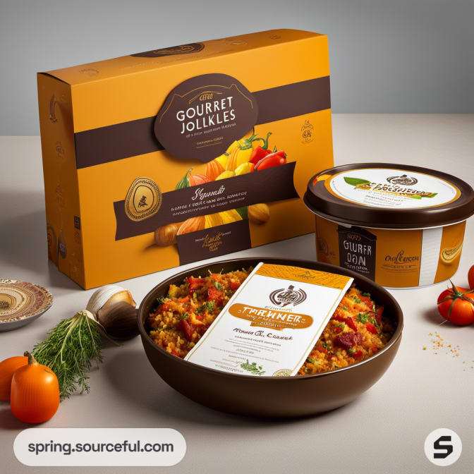 Delicious spiced rice dish in a bowl with accompanying packaged sauce kit on a brown background.