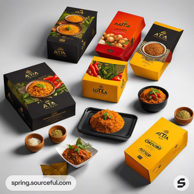 Colorful spice packaging with various spice boxes, pouches, and spices in bowls on a gray background.