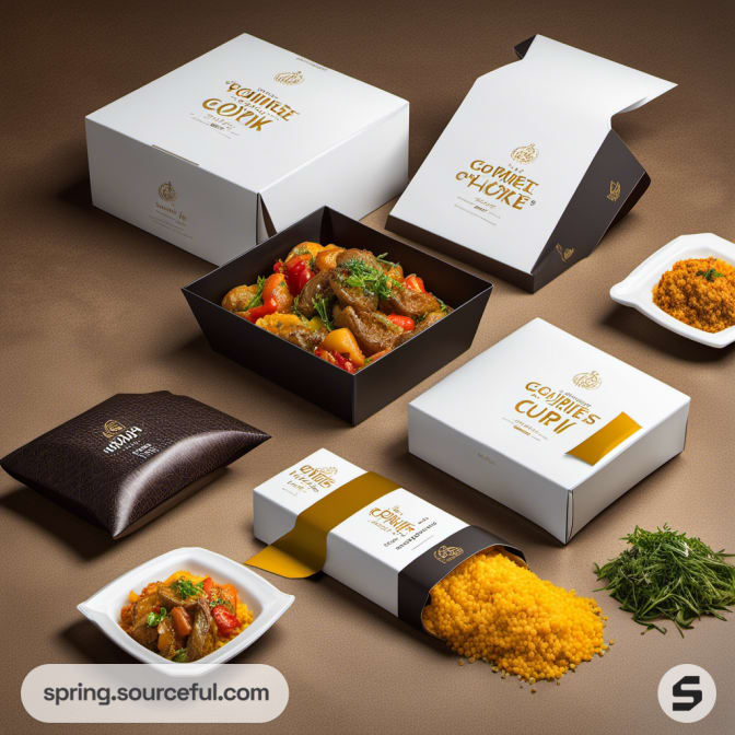 Gourmet curry packaging with a variety of food boxes and pouches containing curry and spices.