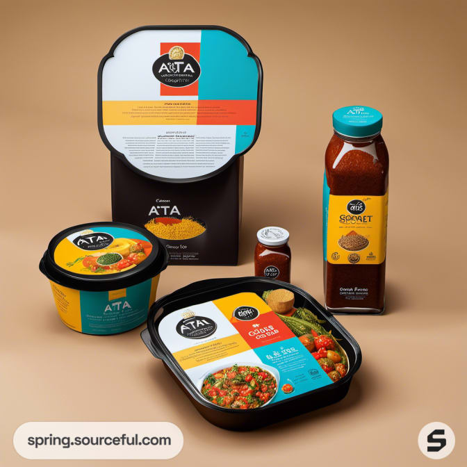 Ata branded containers and bottles with sauce packets and boxed meals on a brown background.