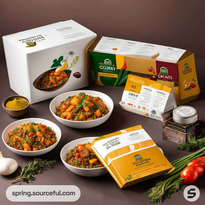 Wholesome meal set including packaged curry with vegetables and spices on a dark brown background.