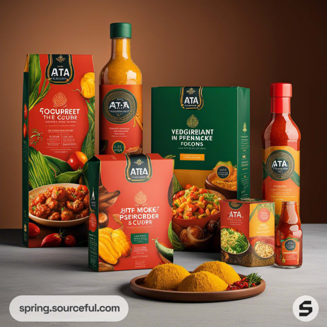 Vibrant packaging of diverse sauces and curries with cans and boxed sets displayed on a table.