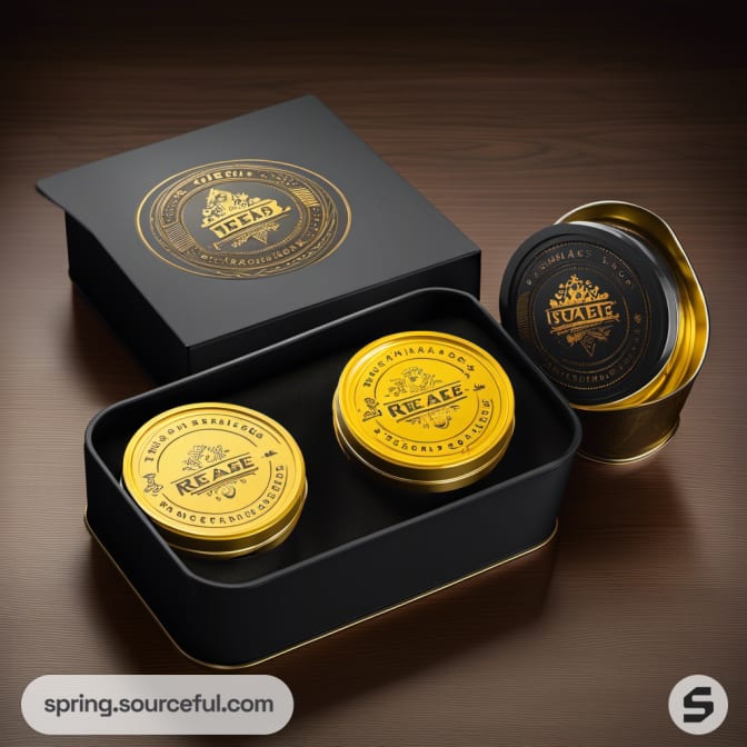 Round tin containers in black and yellow with decorative lids