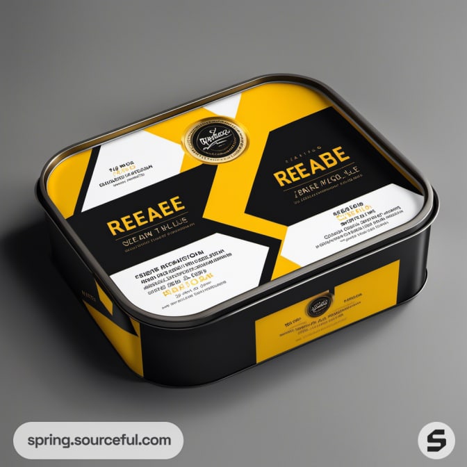 Square tin with yellow, black, and white geometric design