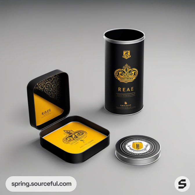 Cylindrical and square black containers with yellow elements