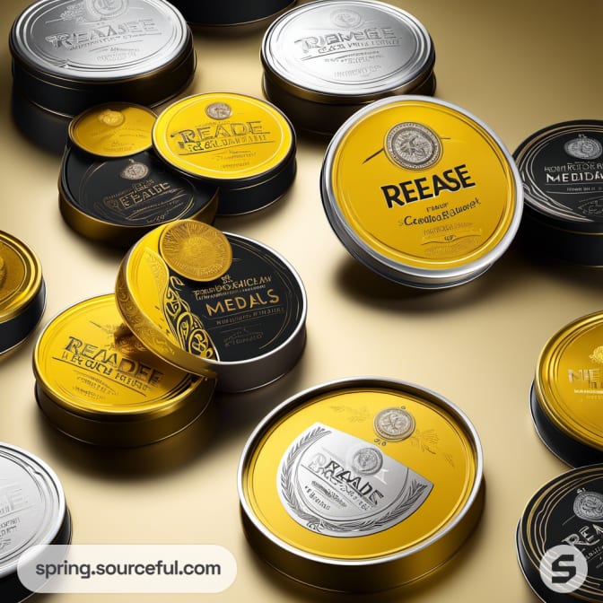 Assorted round tins in silver, gold, and black with labels