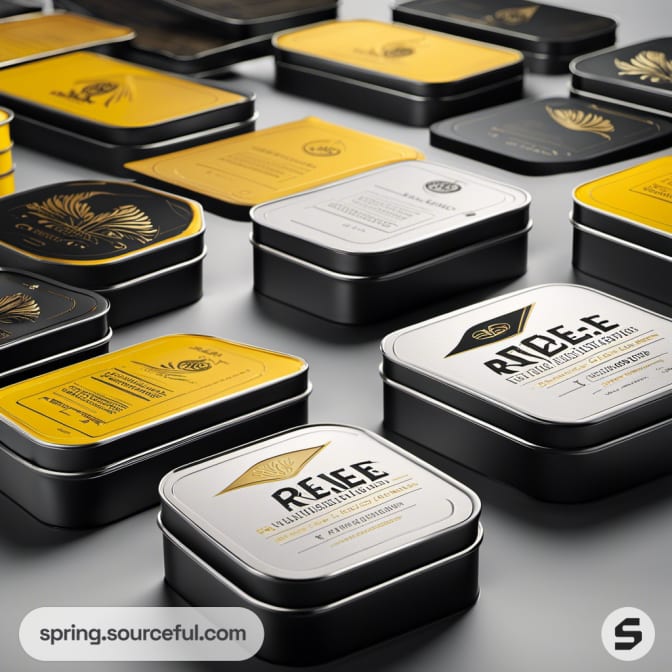 Square black tins with gold and white lids in a grid layout