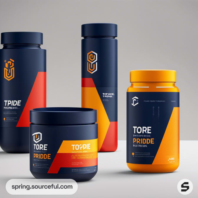 Various orange and blue sports supplement containers with sleek designs.