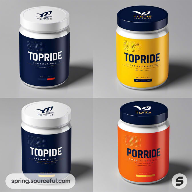 Four round jars of sports supplements in navy, yellow, and white.