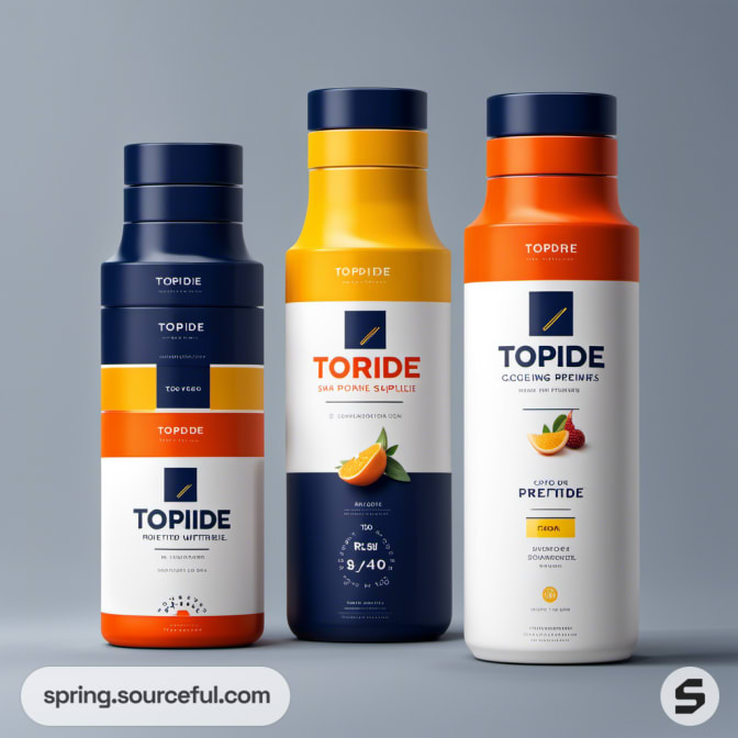 Three tall bottles of sports drinks with colorful labels.