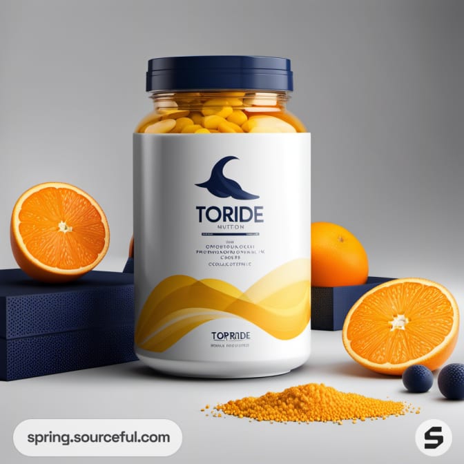 Clear jar of orange supplements with fruit images.