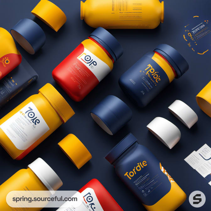 Assorted sports supplement bottles in red, blue, and yellow.