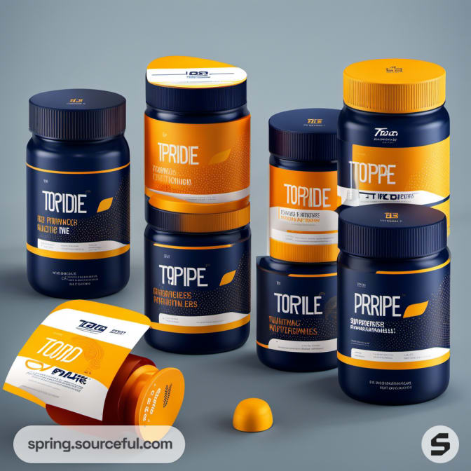 Various navy and orange fitness supplement containers.