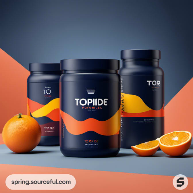 Set of three navy cans with vibrant orange designs.