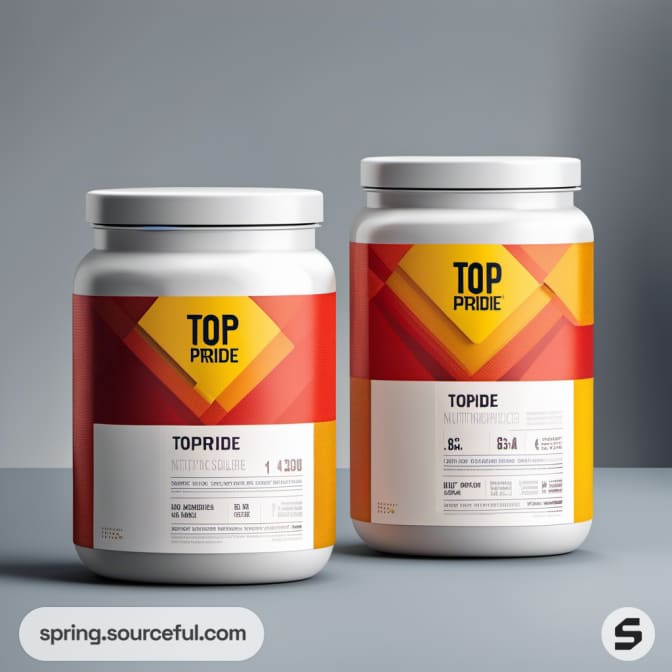 Two white jars with red and orange labels.