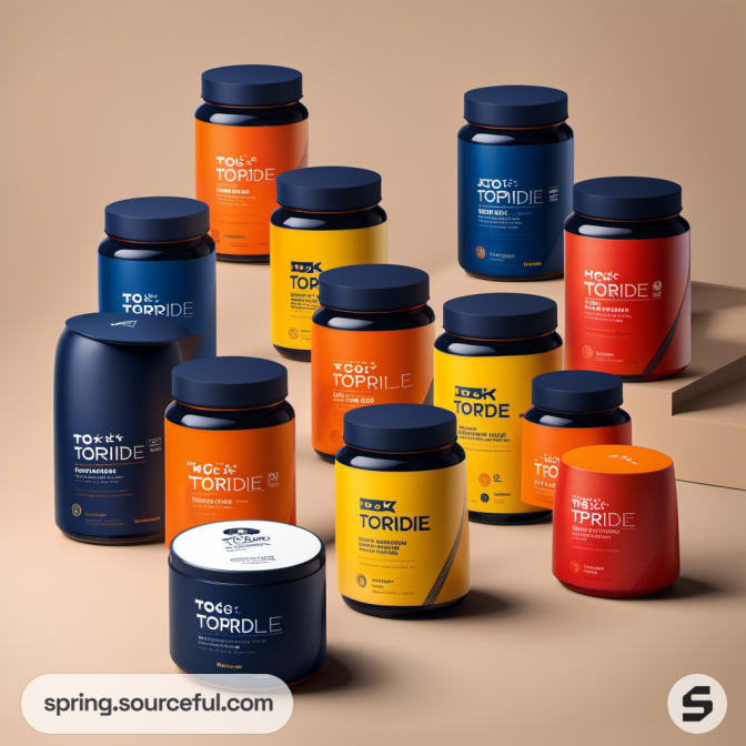 Mixed set of sports supplement jars in blue, orange, and yellow.