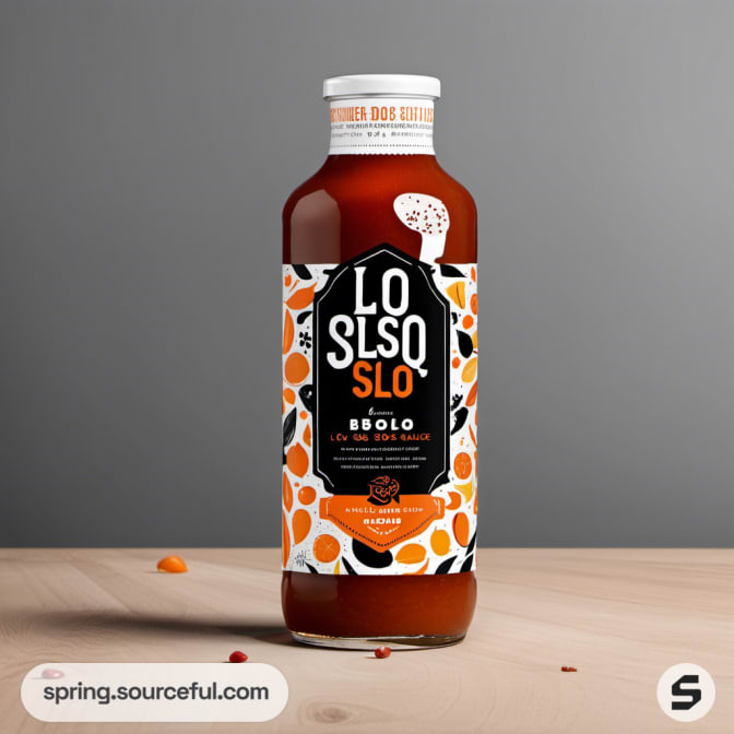 Glass bottle of sauce with orange and black label design.