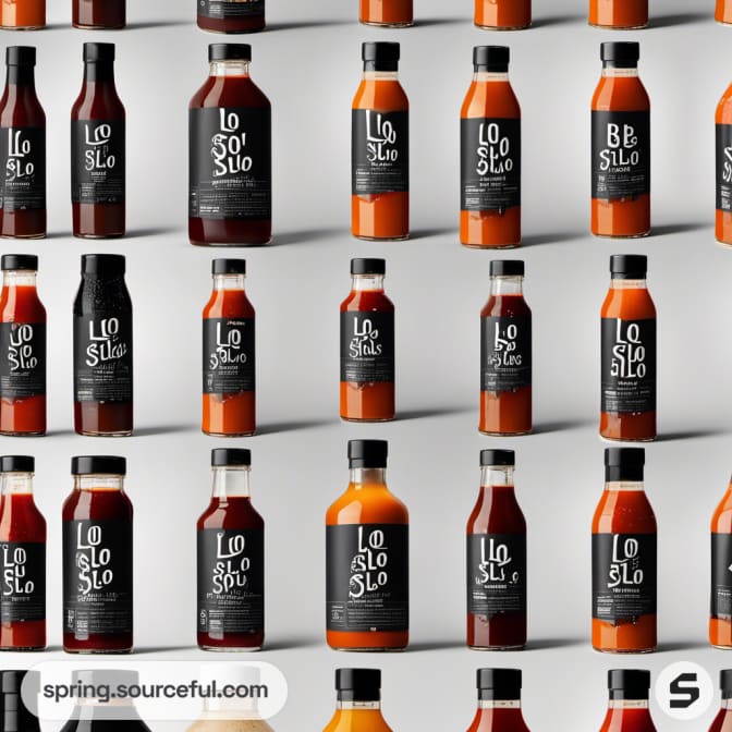 Various bottles with black and white minimalist labels on display.