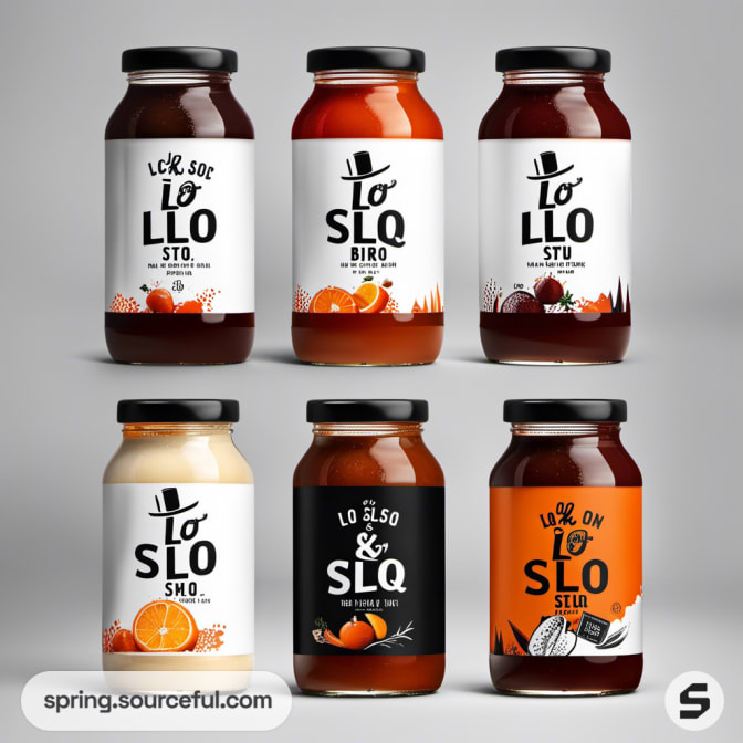 Assorted jars with different sauce labels arranged in two rows.