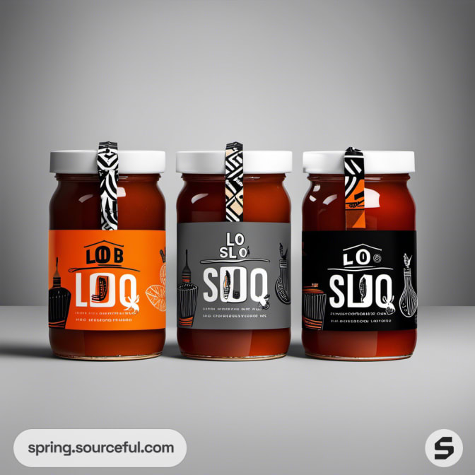 Three glass jars with orange and gray labels, sealed with ribbon.